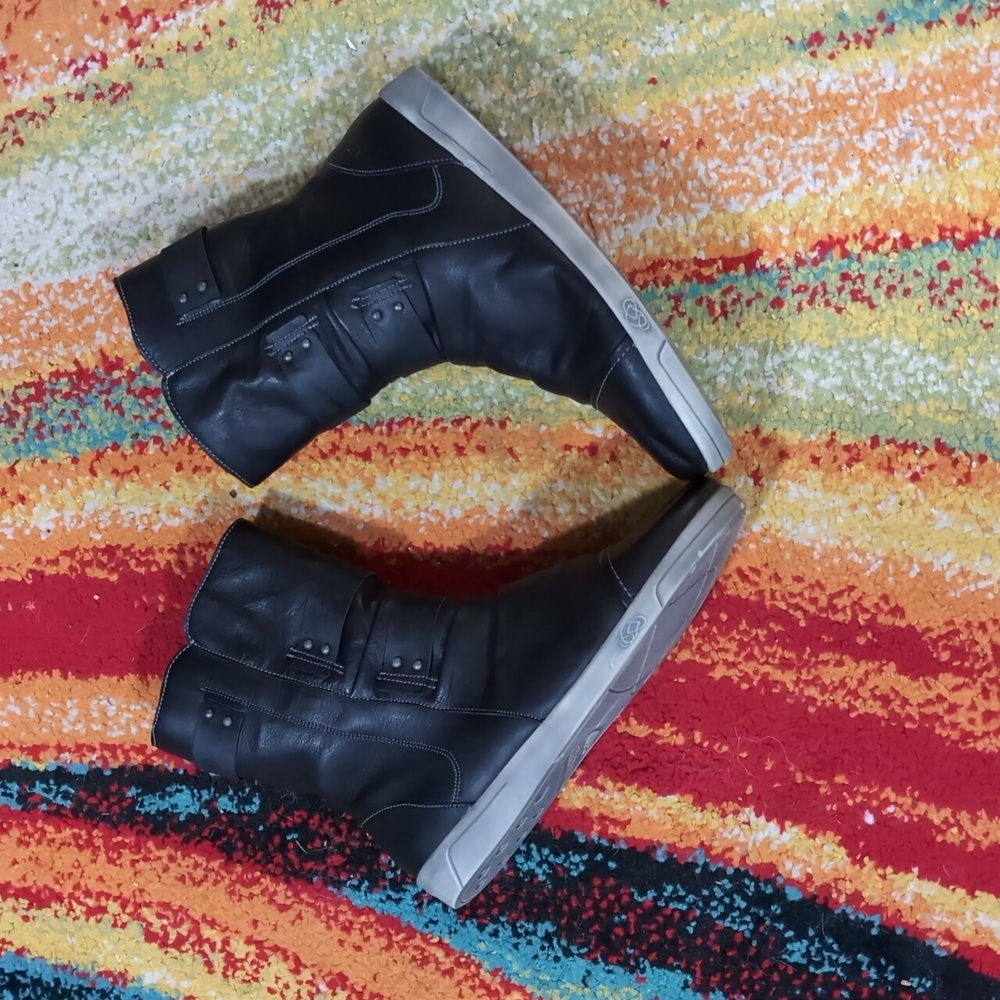 Cloud Black Leather Mid-Calf Ankle Boot with Strap Accents - Picture 2 of 7